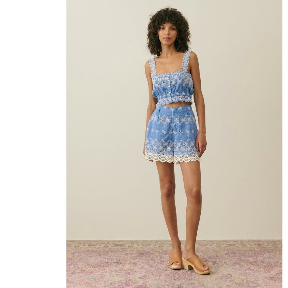NWT Louise Misha Blue and White Embroidered Shorts Size 36